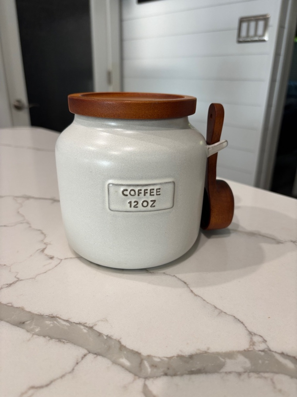 Hearth & Hand White Ceramic Coffee Jar with Brown Wooden Lid & Scoop